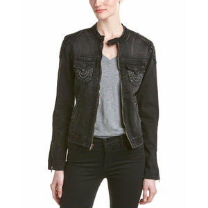 True Religion Women's Moto Denim Jean Jacket in Black Years Away